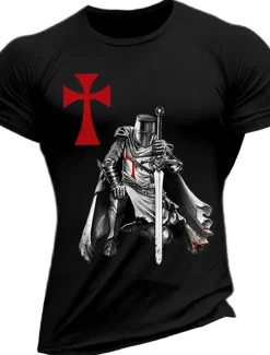 Men's Knights Templar Graphic Prints Faith T Shirt Graphic Tee Cotton Short Sleeves Graphic Shirt Wine Black White Comfortable Tee Vacation Street Fashion Designer Clothing