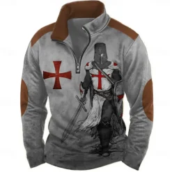 Men's Knights Templar Sweatshirt Casual Vintage Retro Long Sleeve High Neck Vacation Streetwear Blue Green Zipper Quarter Zip Fall Winter Designer