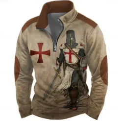 Men's Knights Templar Sweatshirt Casual Vintage Retro Long Sleeve High Neck Vacation Streetwear Blue Green Zipper Quarter Zip Fall Winter Designer