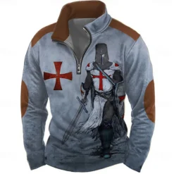 Men's Knights Templar Sweatshirt Casual Vintage Retro Long Sleeve High Neck Vacation Streetwear Blue Green Zipper Quarter Zip Fall Winter Designer