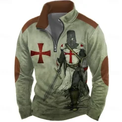 Men's Knights Templar Sweatshirt Casual Vintage Retro Long Sleeve High Neck Vacation Streetwear Blue Green Zipper Quarter Zip Fall Winter Designer