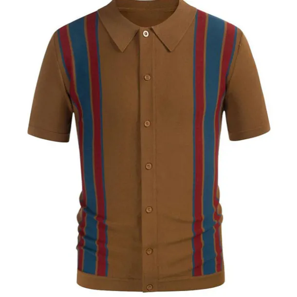 Men's Knit Polo Sweater Golf Shirt Causal Polo Collar Button Short Sleeves Vintage Style Old Money Style Stripe Button Front Summer Spring Black Brown Dark Blue Knit Polo Sweater