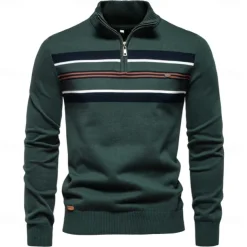 Men's Knit Striped Half Zip Knitwear Elegant Christmas Gifts Home Clothing Apparel Bishop Sleeve Fall Winter Navy Blue Dark Green S M L