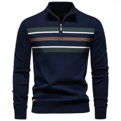Men's Knit Striped Half Zip Knitwear Elegant Christmas Gifts Home Clothing Apparel Bishop Sleeve Fall Winter Navy Blue Dark Green S M L