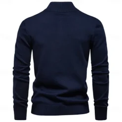 Men's Knit Striped Half Zip Knitwear Elegant Christmas Gifts Home Clothing Apparel Bishop Sleeve Fall Winter Navy Blue Dark Green S M L