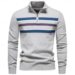 Men's Knit Striped Half Zip Knitwear Elegant Christmas Gifts Home Clothing Apparel Bishop Sleeve Fall Winter Navy Blue Dark Green S M L