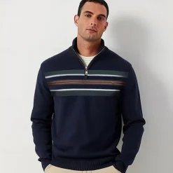Men's Knit Striped Half Zip Knitwear Elegant Christmas Gifts Home Clothing Apparel Bishop Sleeve Fall Winter Navy Blue Dark Green S M L