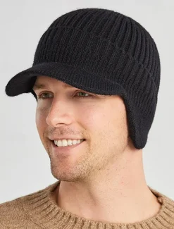 Men's Knit Winter Hat with Visor and Ear Flaps - Warm Ribbed Beanie Cap for Outdoor Activities and Casual Wear