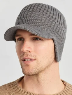 Men's Knit Winter Hat with Visor and Ear Flaps - Warm Ribbed Beanie Cap for Outdoor Activities and Casual Wear