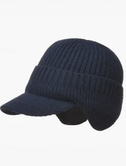 Men's Knit Winter Hat with Visor and Ear Flaps - Warm Ribbed Beanie Cap for Outdoor Activities and Casual Wear
