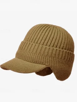 Men's Knit Winter Hat with Visor and Ear Flaps - Warm Ribbed Beanie Cap for Outdoor Activities and Casual Wear