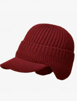 Men's Knit Winter Hat with Visor and Ear Flaps - Warm Ribbed Beanie Cap for Outdoor Activities and Casual Wear
