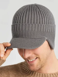 Men's Knit Winter Hat with Visor and Ear Flaps - Warm Ribbed Beanie Cap for Outdoor Activities and Casual Wear