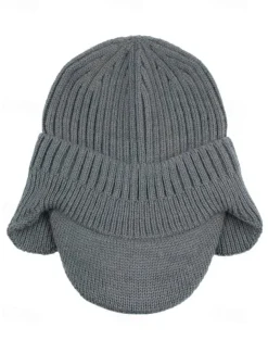 Men's Knit Winter Hat with Visor and Ear Flaps - Warm Ribbed Beanie Cap for Outdoor Activities and Casual Wear