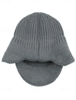 Men's Knit Winter Hat with Visor and Ear Flaps - Warm Ribbed Beanie Cap for Outdoor Activities and Casual Wear