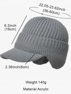 Men's Knit Winter Hat with Visor and Ear Flaps - Warm Ribbed Beanie Cap for Outdoor Activities and Casual Wear