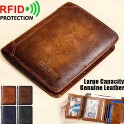 Men's Large Capacity RFID Blocking Cowhide Leather Wallet – Bifold ID Card Holder with Security Protection
