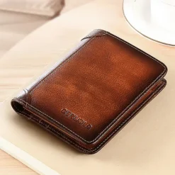 Men's Large Capacity RFID Blocking Cowhide Leather Wallet – Bifold ID Card Holder with Security Protection
