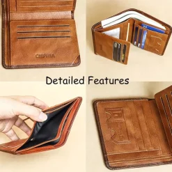 Men's Large Capacity RFID Blocking Cowhide Leather Wallet – Bifold ID Card Holder with Security Protection