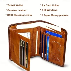 Men's Large Capacity RFID Blocking Cowhide Leather Wallet – Bifold ID Card Holder with Security Protection