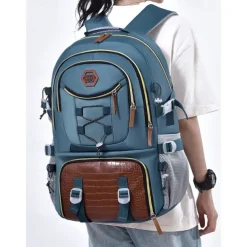 Men's Large Capacity USB Charging Backpack with Shoe Compartment, Water-Resistant Oxford School Bag for College Students and Outdoor Travel