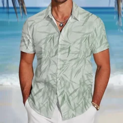 Men's Leaf Tropical Plants Shirt Summer Hawaiian Shirt Button Up Shirt Short Sleeve Hawaiian Resort Vacation Holiday Beach Wear Summer Spring Turndown 3D Print Collared Shirts Blue Green