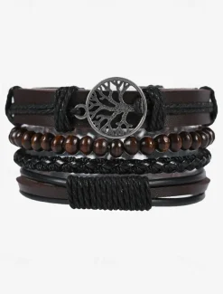 Men's Leather Beaded Bracelet Set with Tree of Life Charm – Vintage Layered Wristband Jewelry