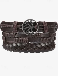 Men's Leather Beaded Bracelet Set with Tree of Life Charm – Vintage Layered Wristband Jewelry