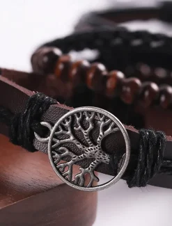 Men's Leather Beaded Bracelet Set with Tree of Life Charm – Vintage Layered Wristband Jewelry
