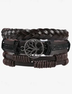 Men's Leather Beaded Bracelet Set with Tree of Life Charm – Vintage Layered Wristband Jewelry