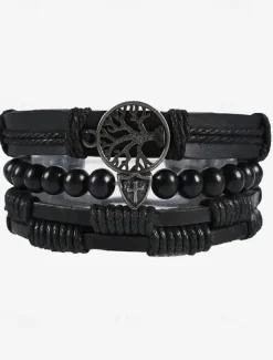 Men's Leather Beaded Bracelet Set with Tree of Life Charm – Vintage Layered Wristband Jewelry