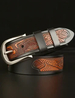Men's Leather Belt with Engraved American Eagle and Flag Design - Western Style, Durable Vintage Belt for Jeans or Casual Wear