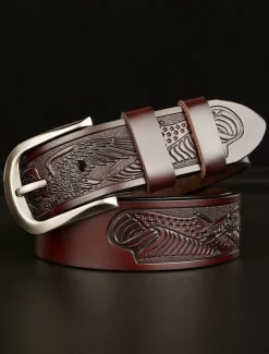 Men's Leather Belt with Engraved American Eagle and Flag Design - Western Style, Durable Vintage Belt for Jeans or Casual Wear