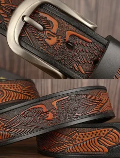 Men's Leather Belt with Engraved American Eagle and Flag Design - Western Style, Durable Vintage Belt for Jeans or Casual Wear