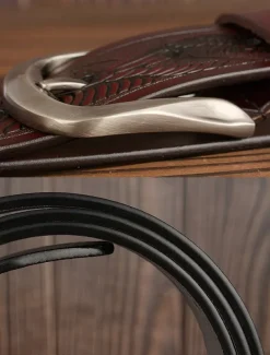 Men's Leather Belt with Engraved American Eagle and Flag Design - Western Style, Durable Vintage Belt for Jeans or Casual Wear