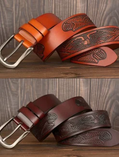 Men's Leather Belt with Engraved American Eagle and Flag Design - Western Style, Durable Vintage Belt for Jeans or Casual Wear