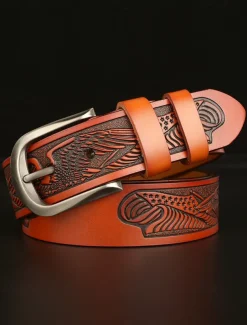 Men's Leather Belt with Engraved American Eagle and Flag Design - Western Style, Durable Vintage Belt for Jeans or Casual Wear