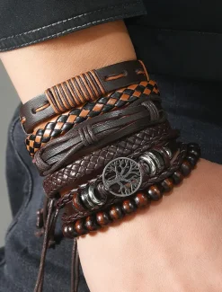 Men's Leather Bracelet Set – Vintage Multilayer Braided Cuff with Beads and Tree of Life Charm for Casual and Bohemian Styles