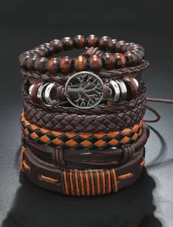 Men's Leather Bracelet Set – Vintage Multilayer Braided Cuff with Beads and Tree of Life Charm for Casual and Bohemian Styles