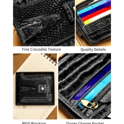 Men's leather crocodile patterned top layer cowhide zippered wallet with horizontal multi slot thickened photo album anti-theft brush wallet