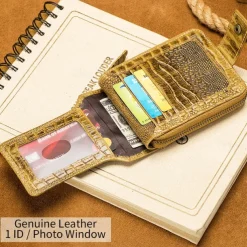 Men's leather crocodile patterned top layer cowhide zippered wallet with horizontal multi slot thickened photo album anti-theft brush wallet