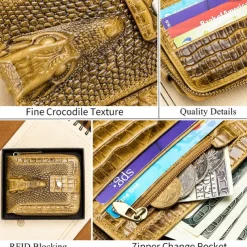 Men's leather crocodile patterned top layer cowhide zippered wallet with horizontal multi slot thickened photo album anti-theft brush wallet