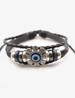 Men's Leather Evil Eye Bracelet with Vintage Metal Accents – Bohemian Protection Jewelry