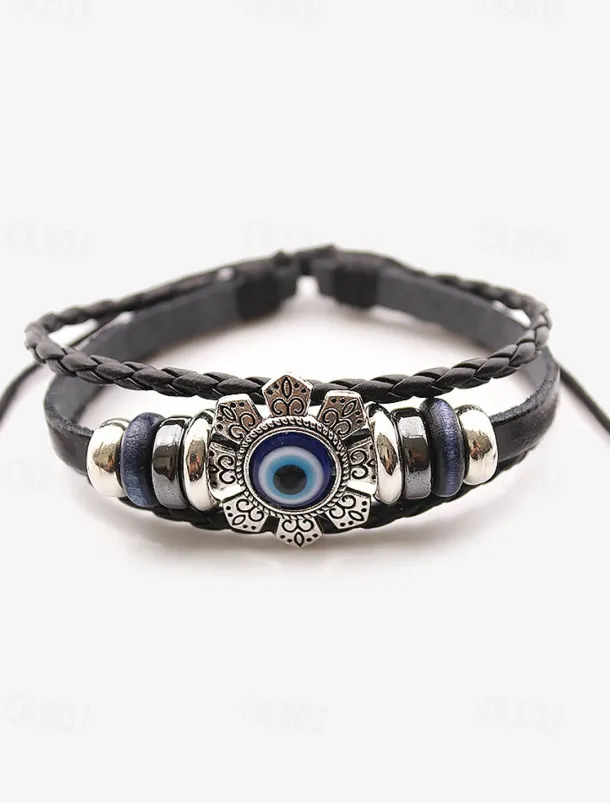 Men's Leather Evil Eye Bracelet with Vintage Metal Accents – Bohemian Protection Jewelry