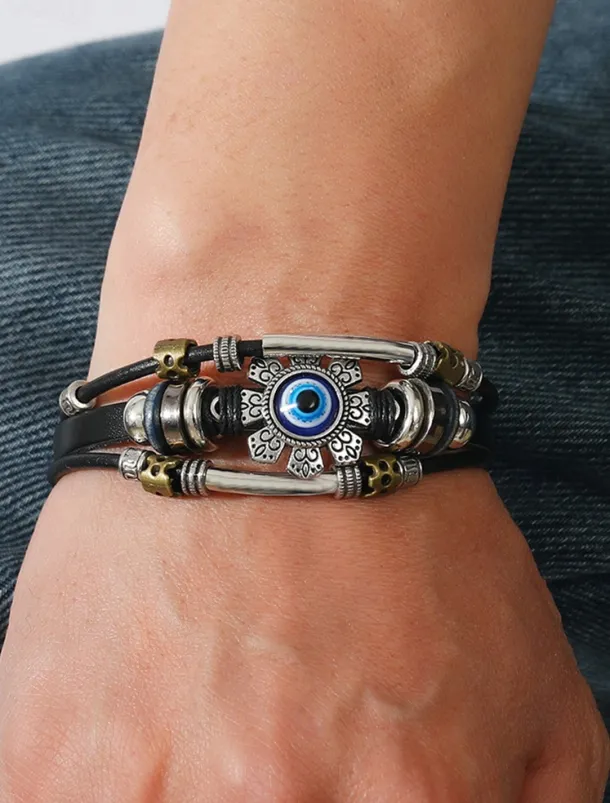 Men's Leather Evil Eye Bracelet with Vintage Metal Accents – Bohemian Protection Jewelry