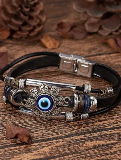 Men's Leather Evil Eye Bracelet with Vintage Metal Accents – Bohemian Protection Jewelry