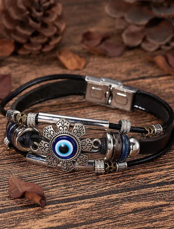 Men's Leather Evil Eye Bracelet with Vintage Metal Accents – Bohemian Protection Jewelry