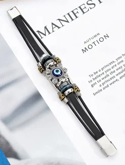 Men's Leather Evil Eye Bracelet with Vintage Metal Accents – Bohemian Protection Jewelry