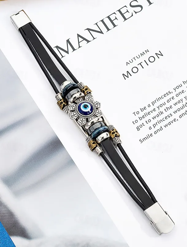 Men's Leather Evil Eye Bracelet with Vintage Metal Accents – Bohemian Protection Jewelry