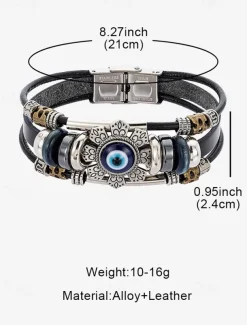 Men's Leather Evil Eye Bracelet with Vintage Metal Accents – Bohemian Protection Jewelry